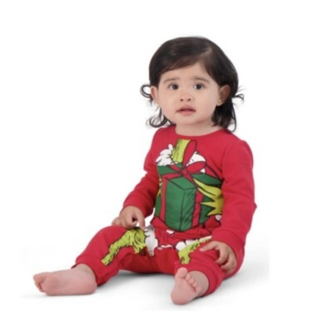 The Grinch sz 18 M Christmas Coverall Romper Grinch holding gift box